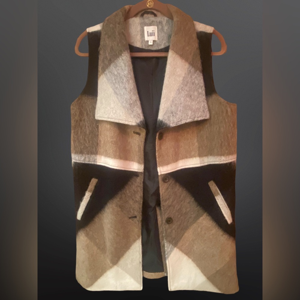 Luii Black/Tan/Brown Plaid Colorblock Fall/Winter Wool Coat Vest Jacket - Size L